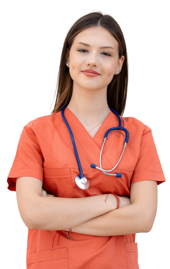 Nurse in orange scrubs with stethoscope.