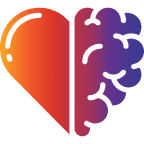 Half heart, half brain icon on black.