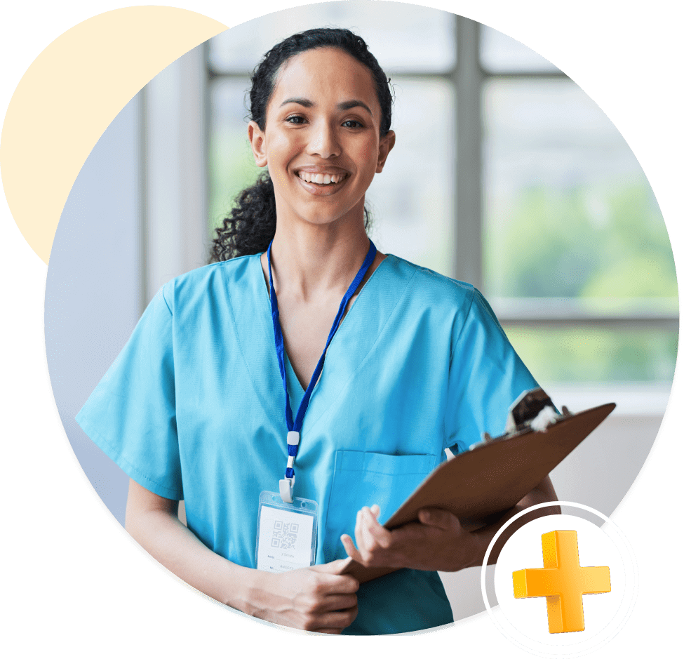 Smiling nurse holding clipboard near window.