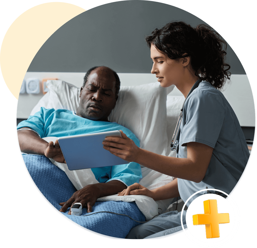 Nurse showing patient information on a tablet.