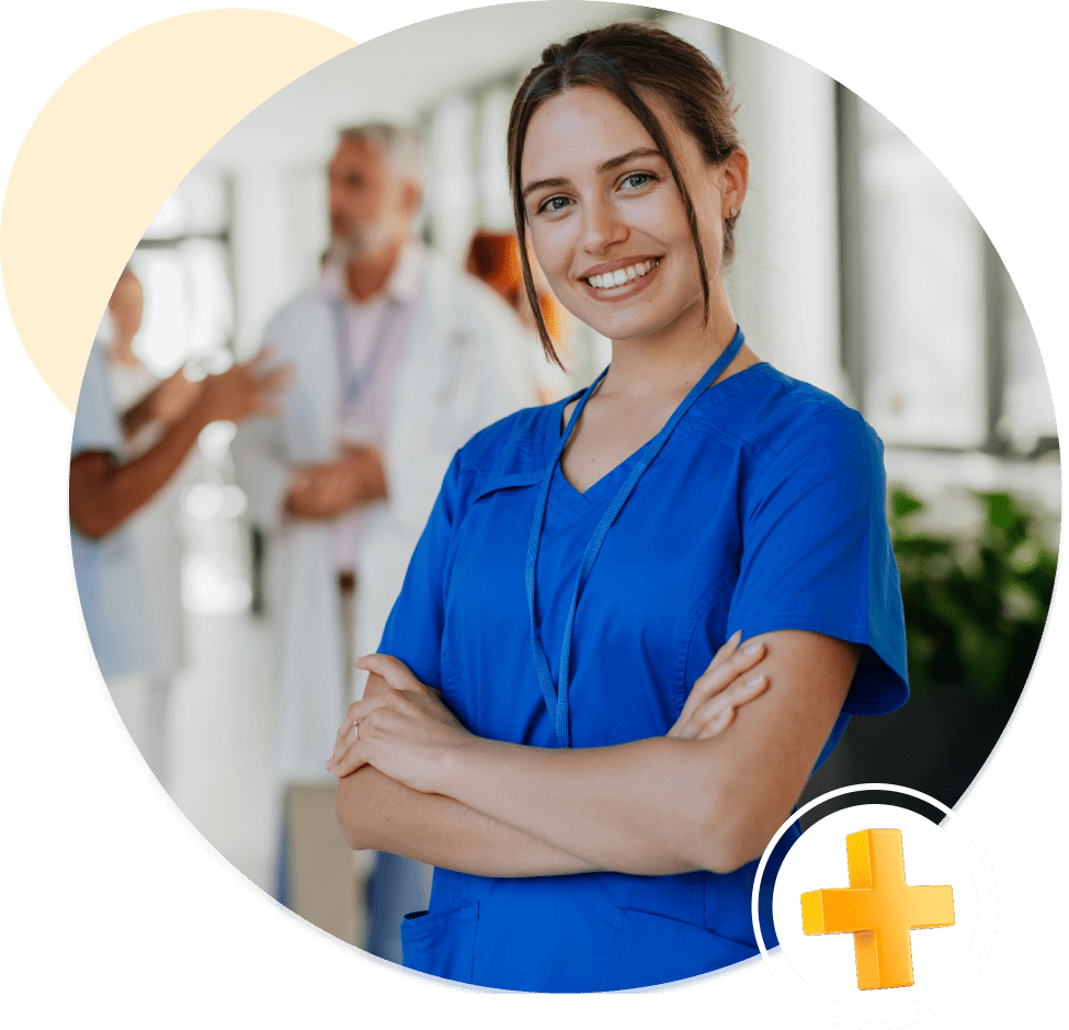 Smiling nurse in blue scrubs, cross icon.