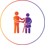 Two figures shaking hands, one with cane.