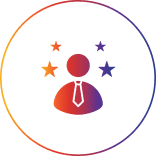 Person icon with stars in circular frame.