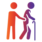 Two figures, one helping another with cane.